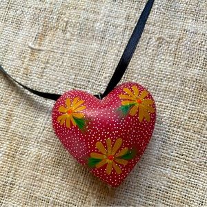 Mexican “Alebrije” Folk Art Heart Pendant Necklace on Black Ribbon — Hand made